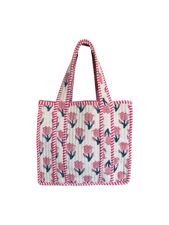 Hand block-printed mini tote bag in pink tulips print, 100% cotton