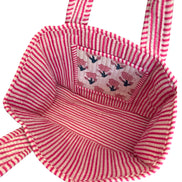 Hand block-printed mini tote bag in pink tulips print, 100% cotton
