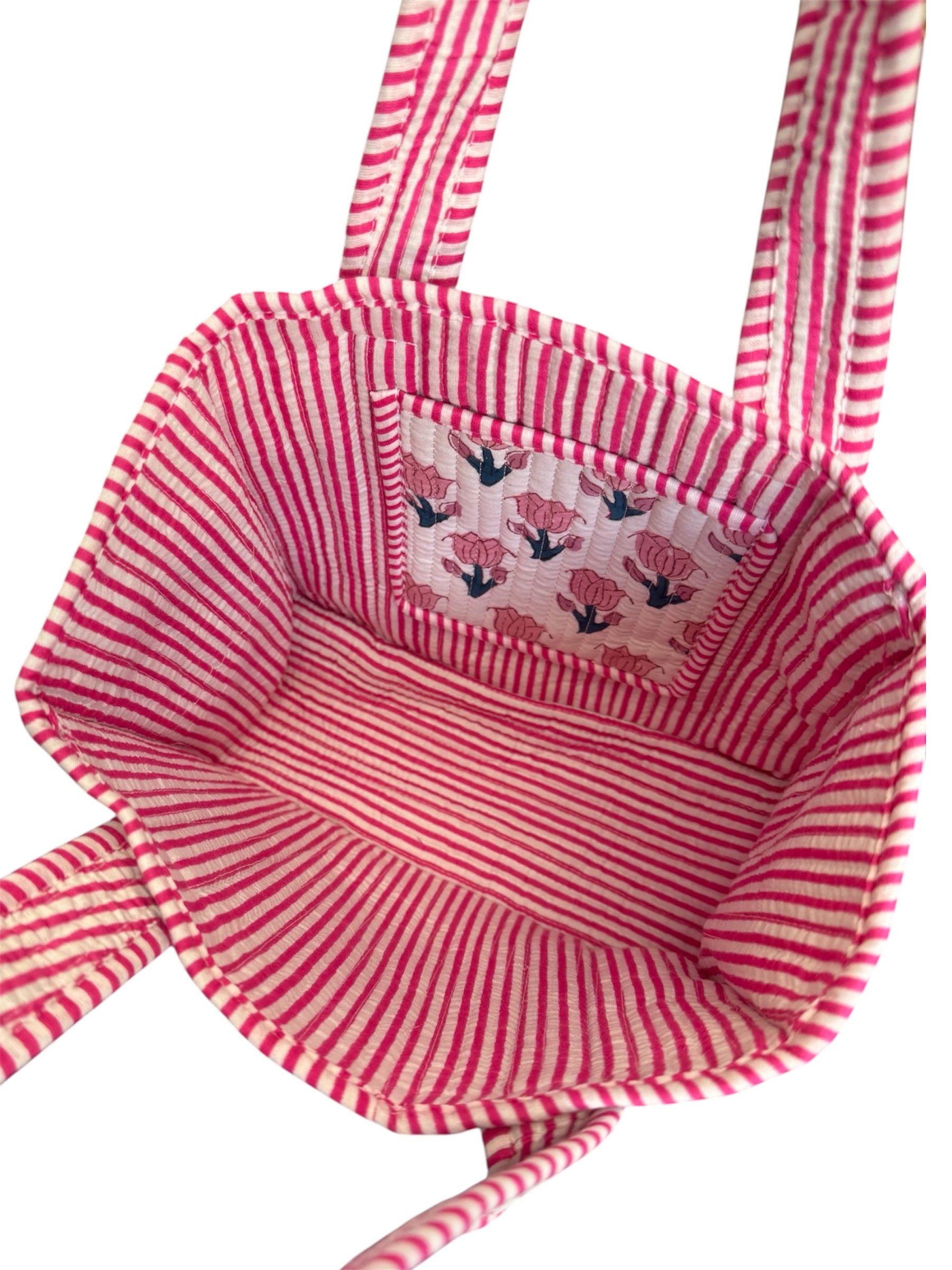 Hand block-printed mini tote bag in pink tulips print, 100% cotton