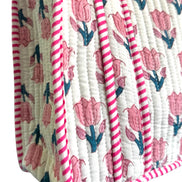 Hand block-printed mini tote bag in pink tulips print, 100% cotton