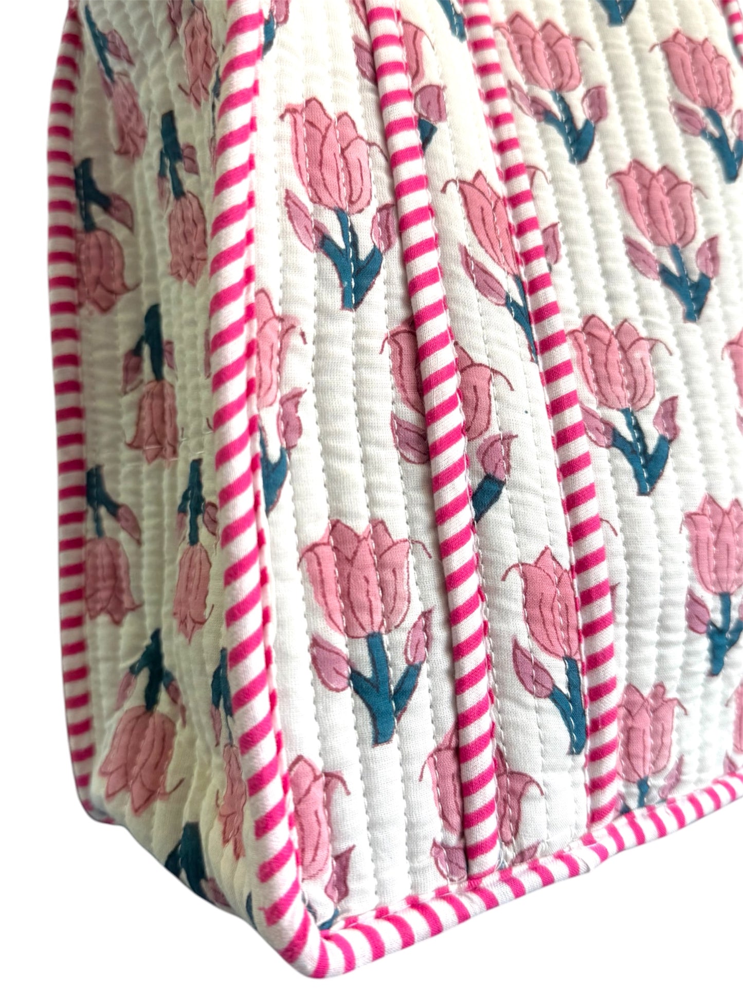 Hand block-printed mini tote bag in pink tulips print, 100% cotton