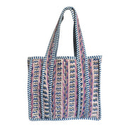 Hand block-printed mini tote bag in purple & blue trellis print, 100% cotton