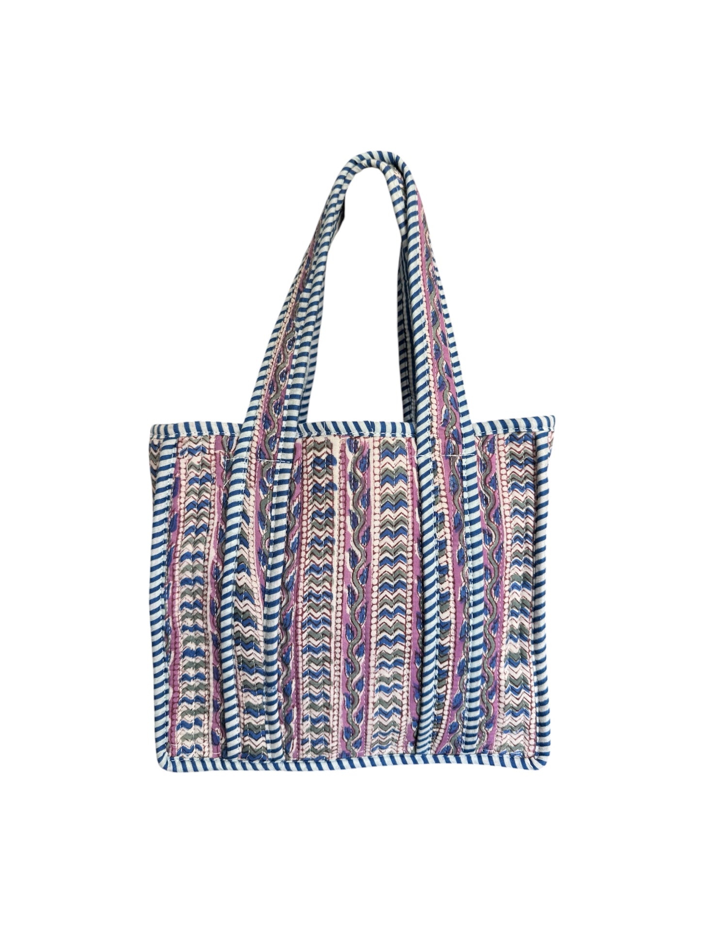 Hand block-printed mini tote bag in purple & blue trellis print, 100% cotton