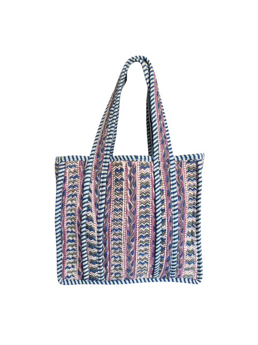 Hand block-printed mini tote bag in purple & blue trellis print, 100% cotton