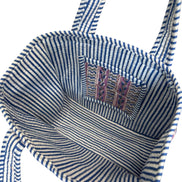 Hand block-printed mini tote bag in purple & blue trellis print, 100% cotton