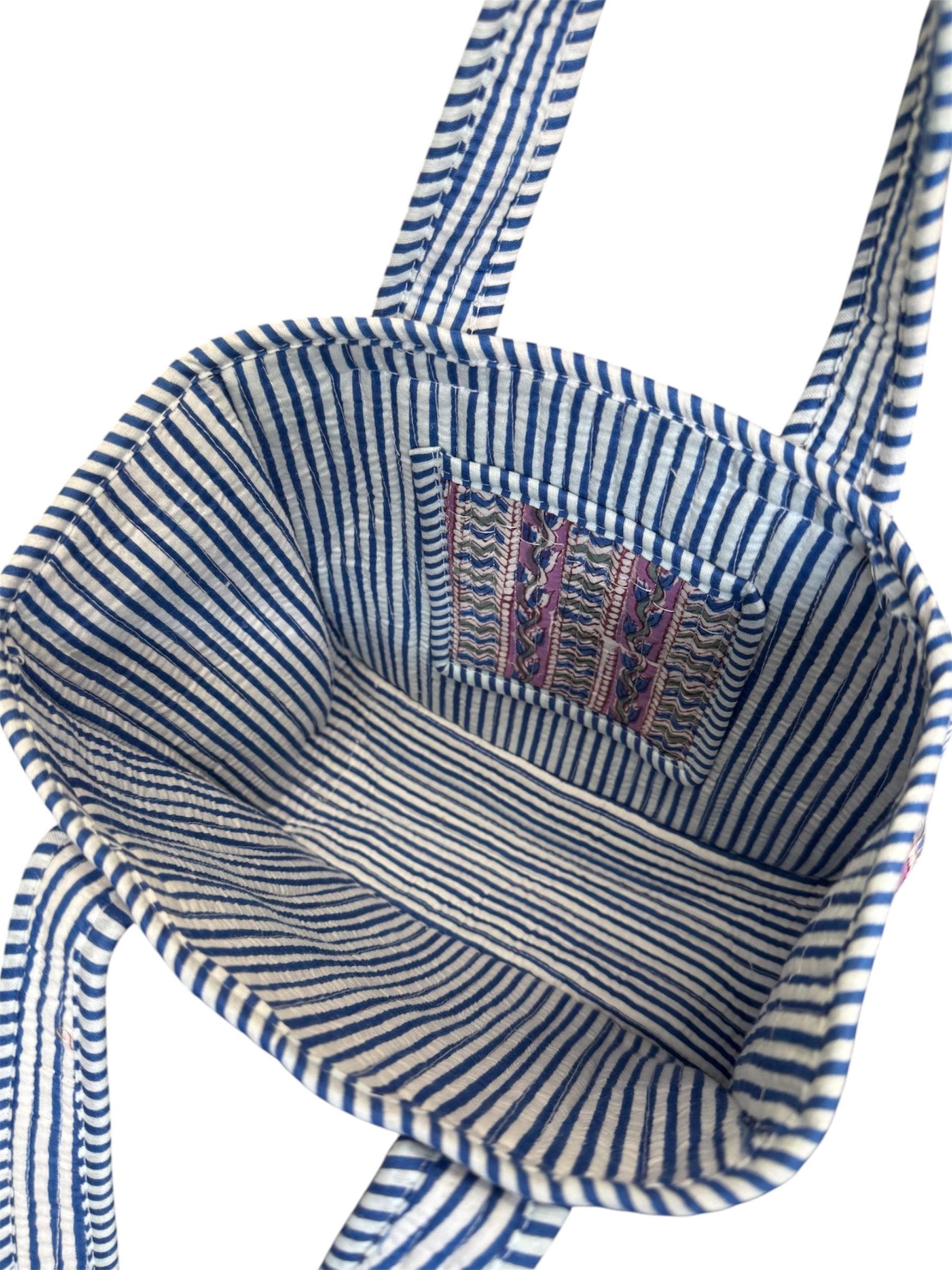 Hand block-printed mini tote bag in purple & blue trellis print, 100% cotton