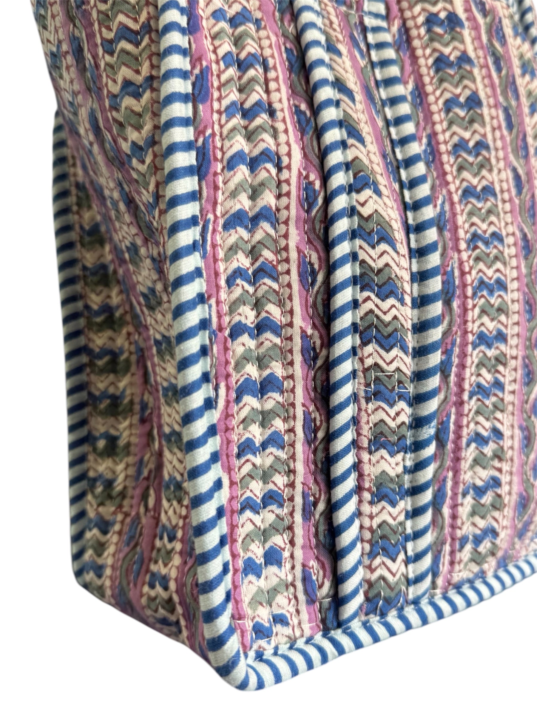Hand block-printed mini tote bag in purple & blue trellis print, 100% cotton