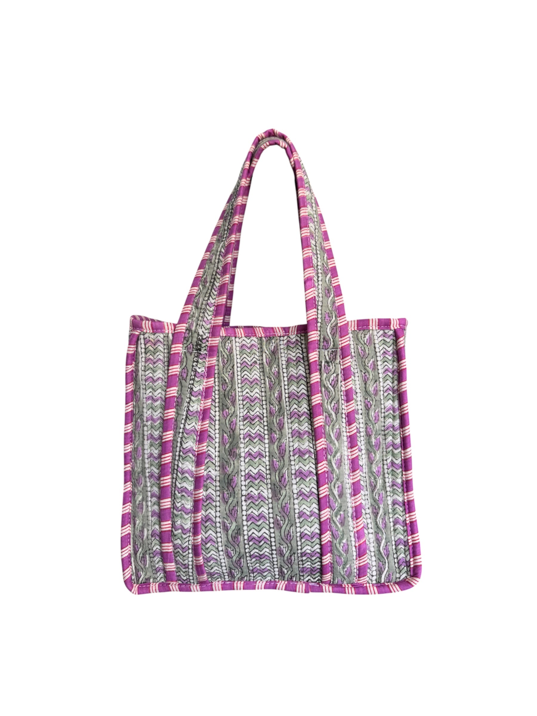 Hand block-printed mini tote bag in purple & green trellis print, 100% cotton