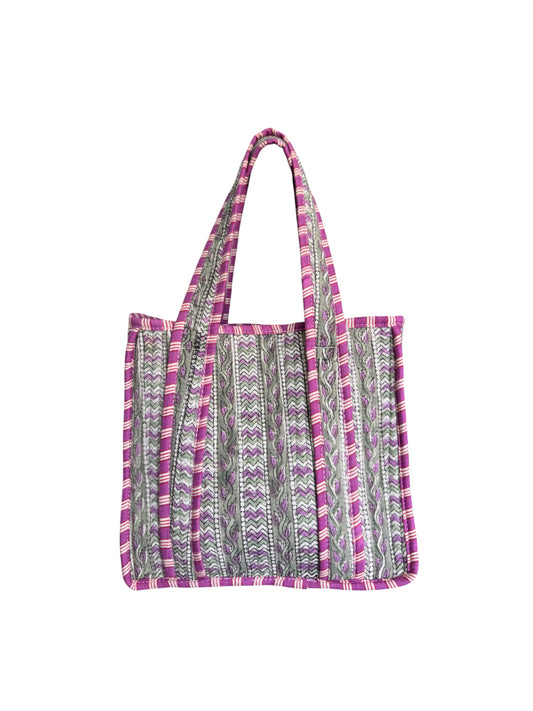 Hand block-printed mini tote bag in purple & green trellis print, 100% cotton