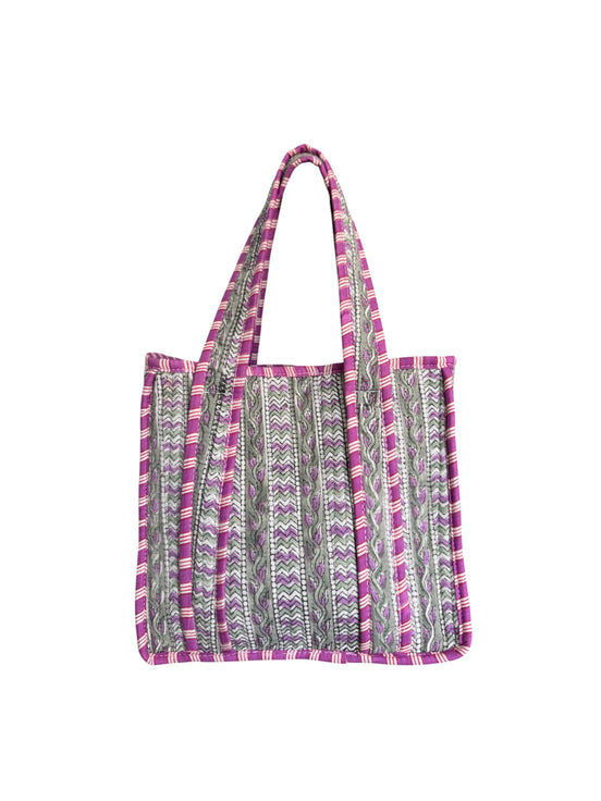 Hand block-printed mini tote bag in purple & green trellis print, 100% cotton