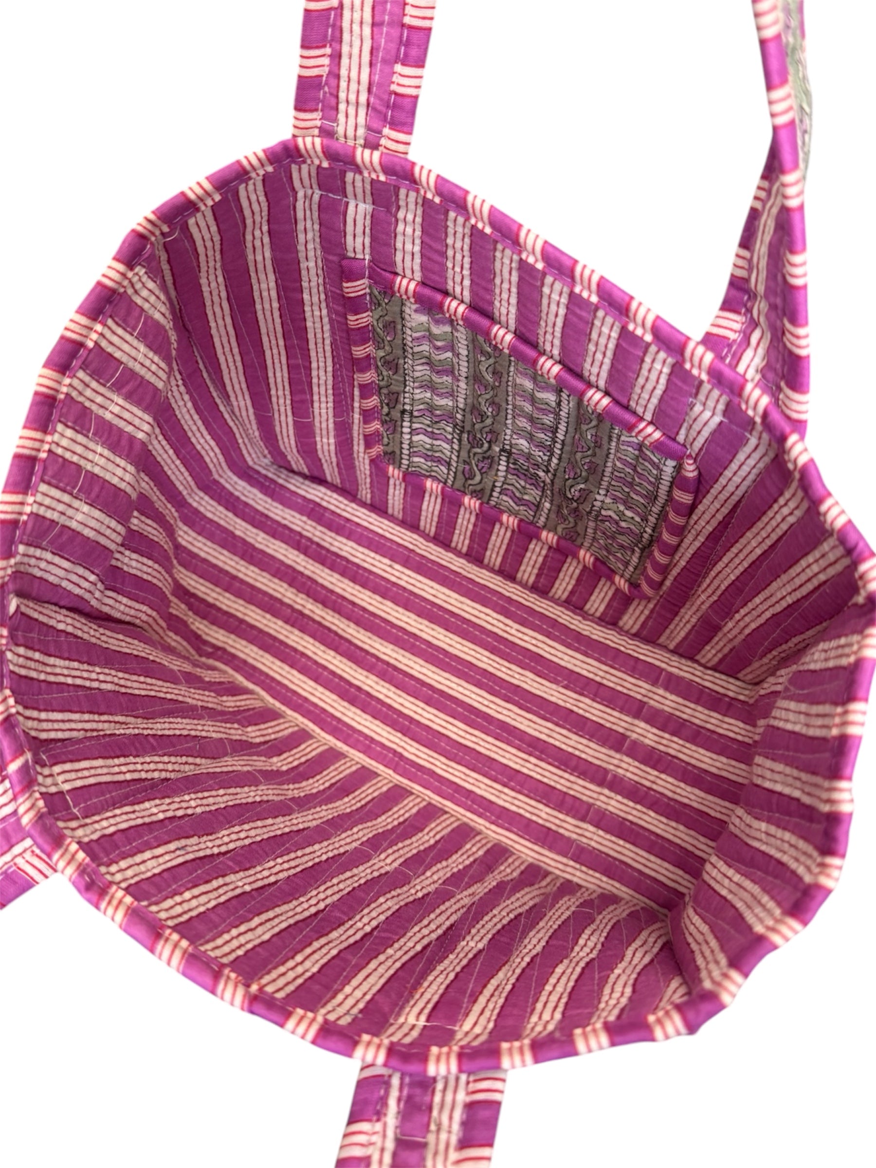 Hand block-printed mini tote bag in purple & green trellis print, 100% cotton