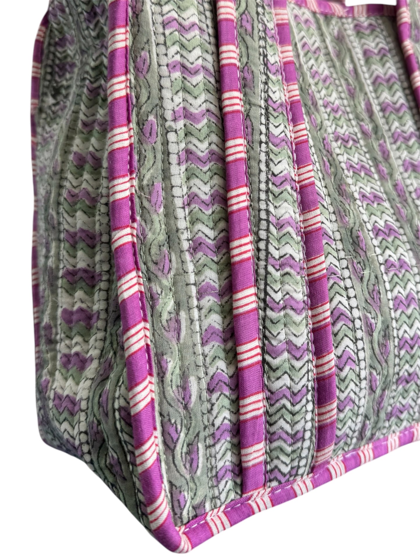 Hand block-printed mini tote bag in purple & green trellis print, 100% cotton