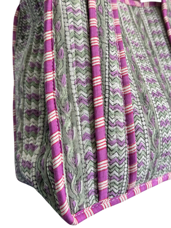 Hand block-printed mini tote bag in purple & green trellis print, 100% cotton