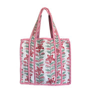 Hand block-printed mini tote bag in rhubarb flower print, 100% cotton