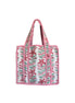 Hand block-printed mini tote bag in rhubarb flower print, 100% cotton