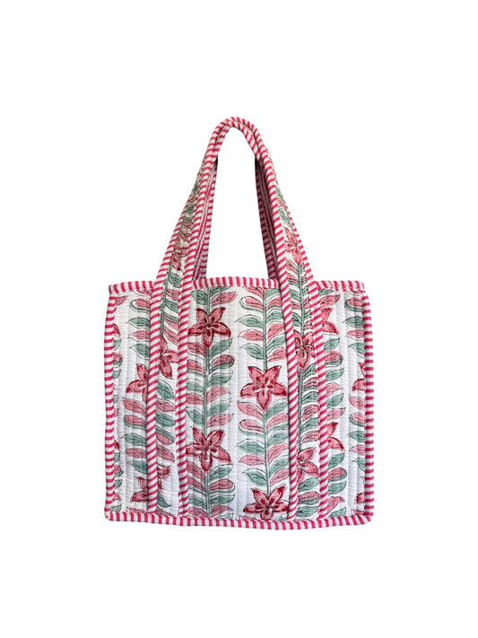 Hand block-printed mini tote bag in rhubarb flower print, 100% cotton
