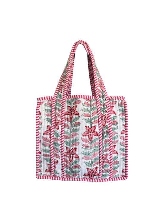 Hand block-printed mini tote bag in rhubarb flower print, 100% cotton