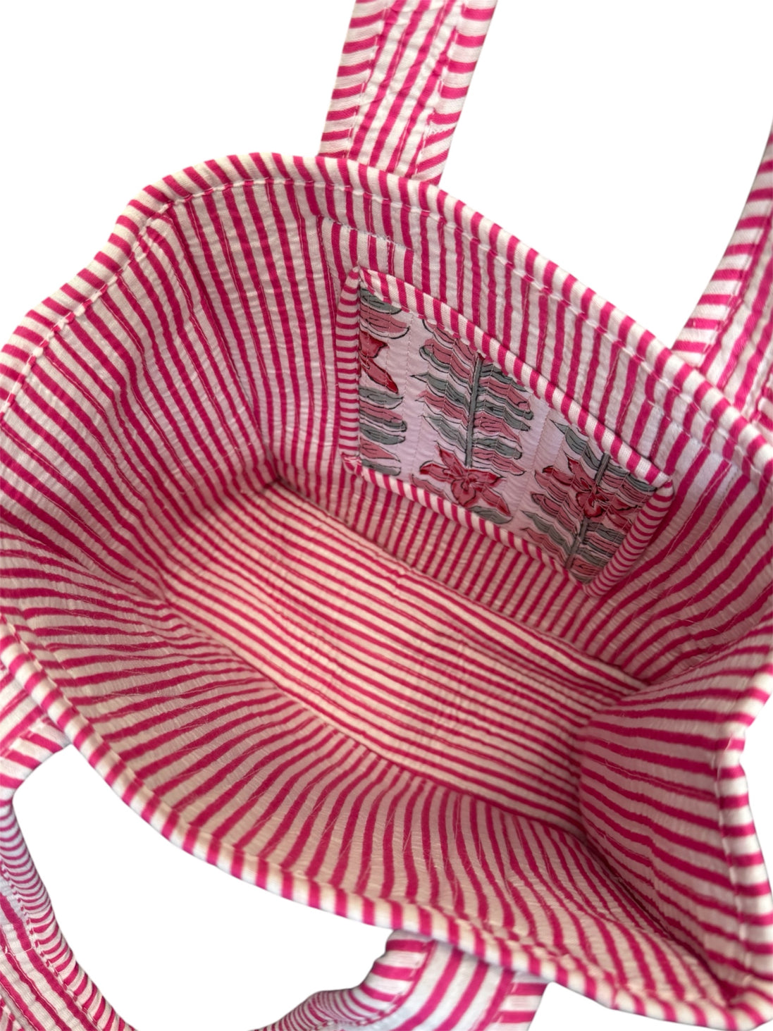 Hand block-printed mini tote bag in rhubarb flower print, 100% cotton
