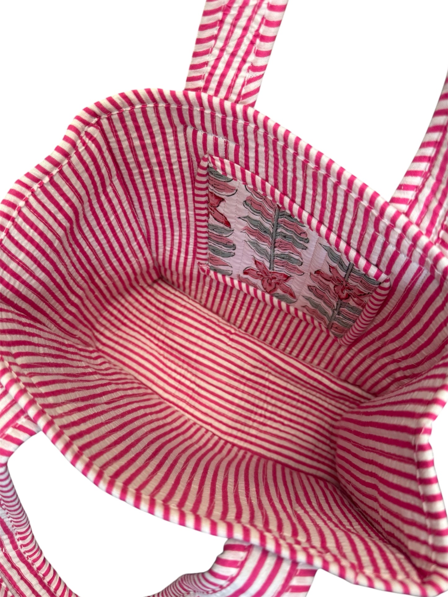 Hand block-printed mini tote bag in rhubarb flower print, 100% cotton