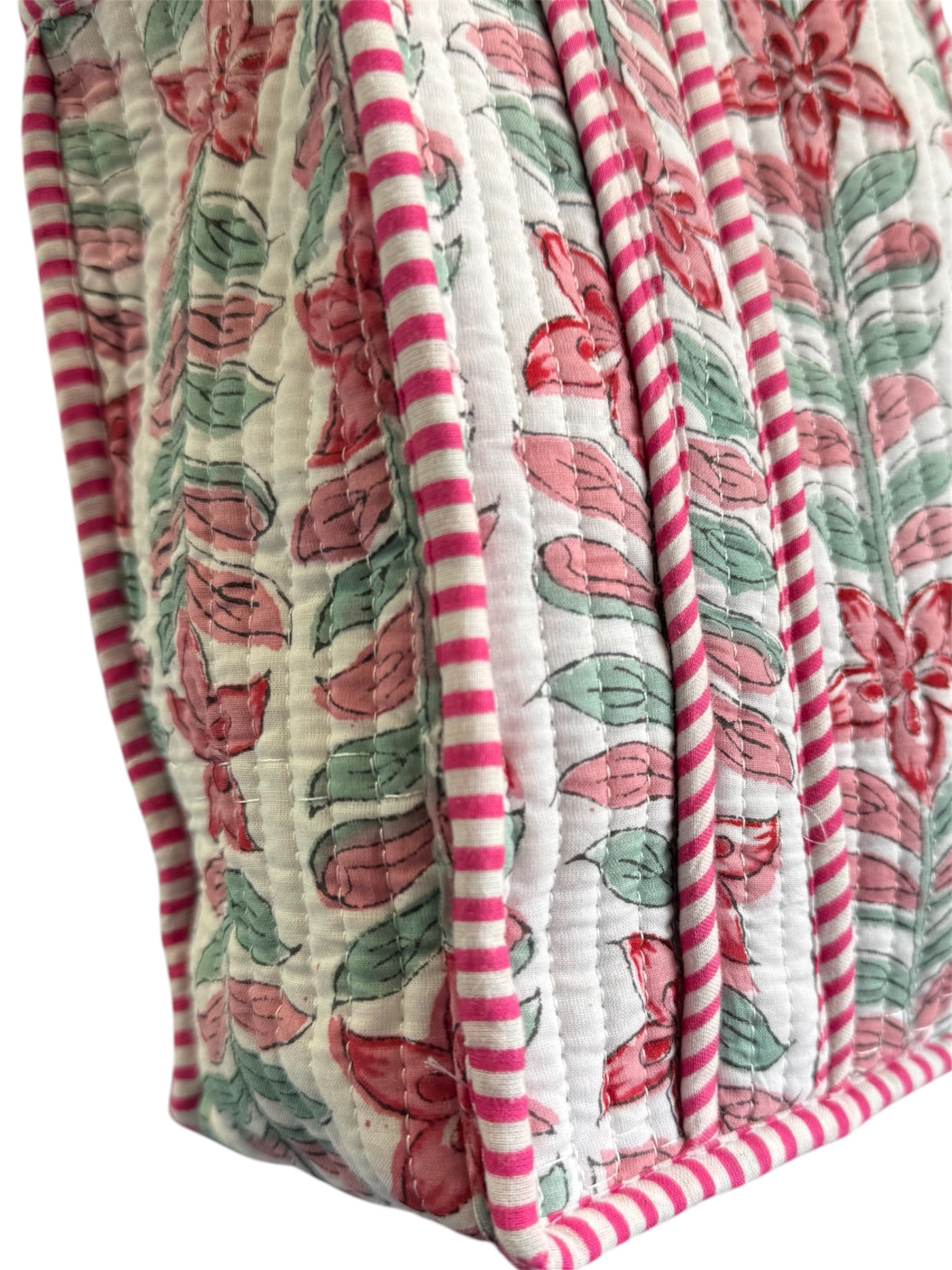 Hand block-printed mini tote bag in rhubarb flower print, 100% cotton