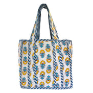 Hand block-printed mini tote bag in yellow & blue shrub print, 100% cotton