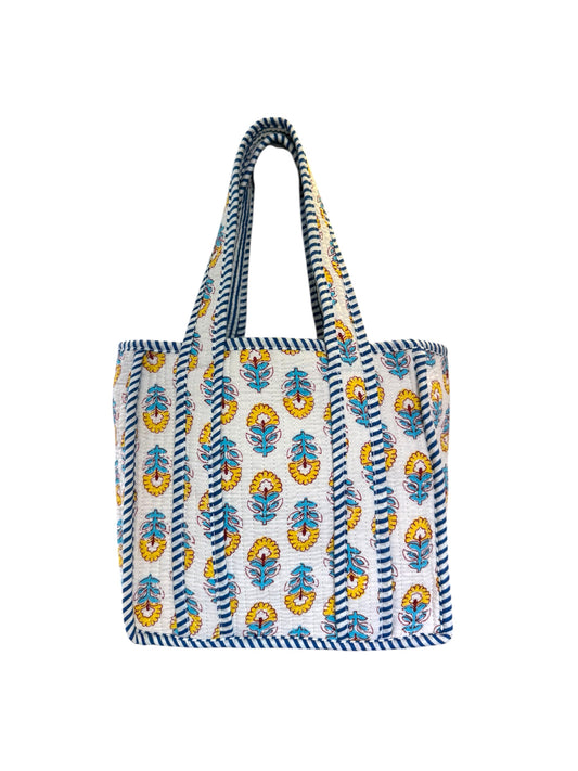Hand block-printed mini tote bag in yellow & blue shrub print, 100% cotton