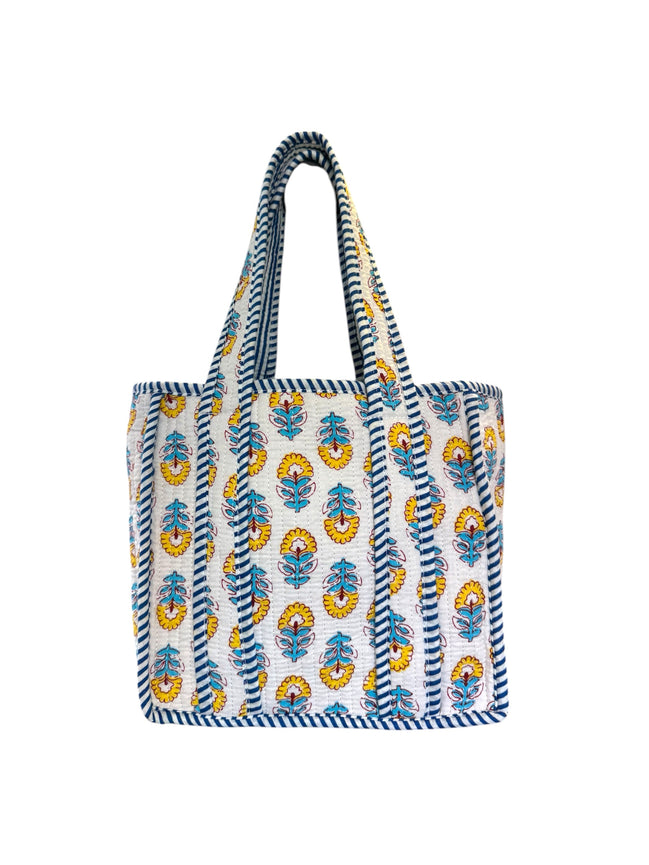 Hand block-printed mini tote bag in yellow & blue shrub print, 100% cotton