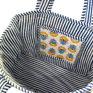 Hand block-printed mini tote bag in yellow & blue shrub print, 100% cotton