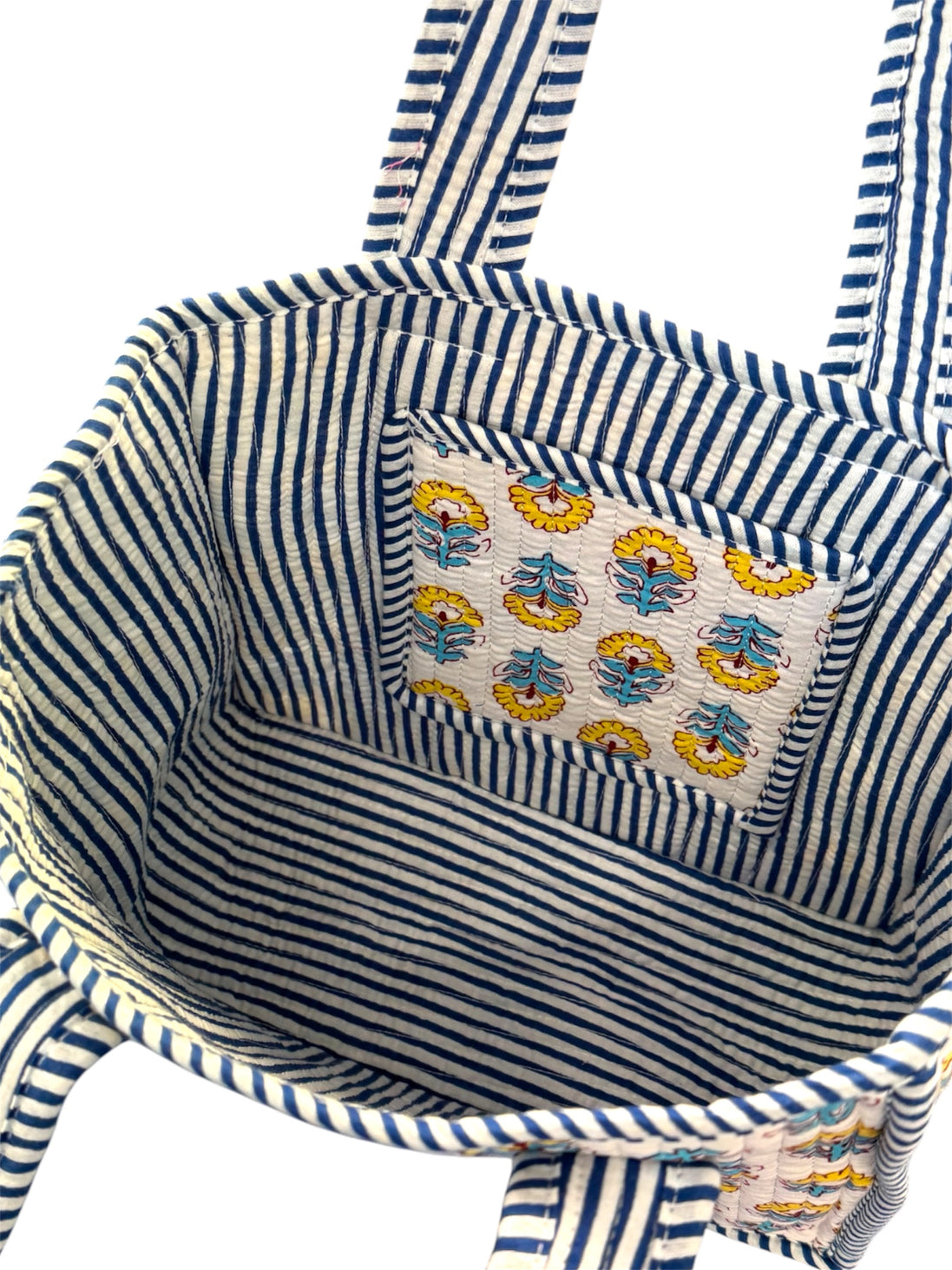 Hand block-printed mini tote bag in yellow & blue shrub print, 100% cotton