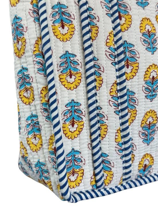 Hand block-printed mini tote bag in yellow & blue shrub print, 100% cotton