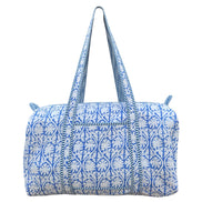 Hand block-printed overnight bag in blue tropez print, 100% cotton