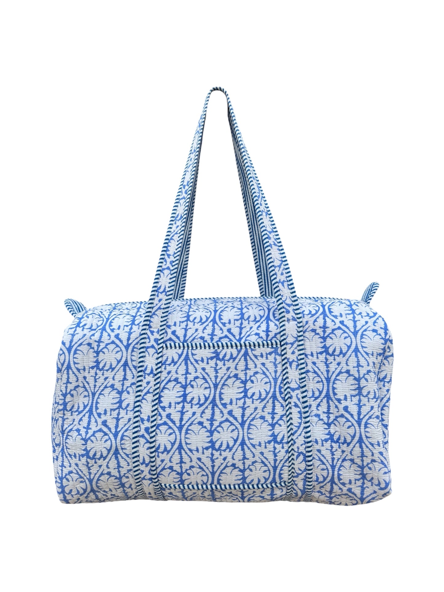 Hand block-printed overnight bag in blue tropez print, 100% cotton