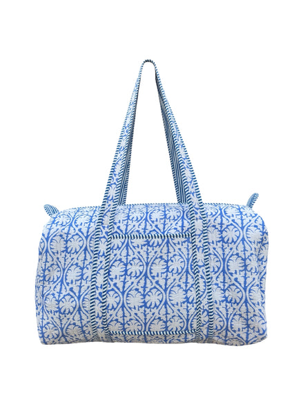 Hand block-printed overnight bag in blue tropez print, 100% cotton