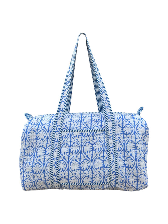Hand block-printed overnight bag in blue tropez print, 100% cotton