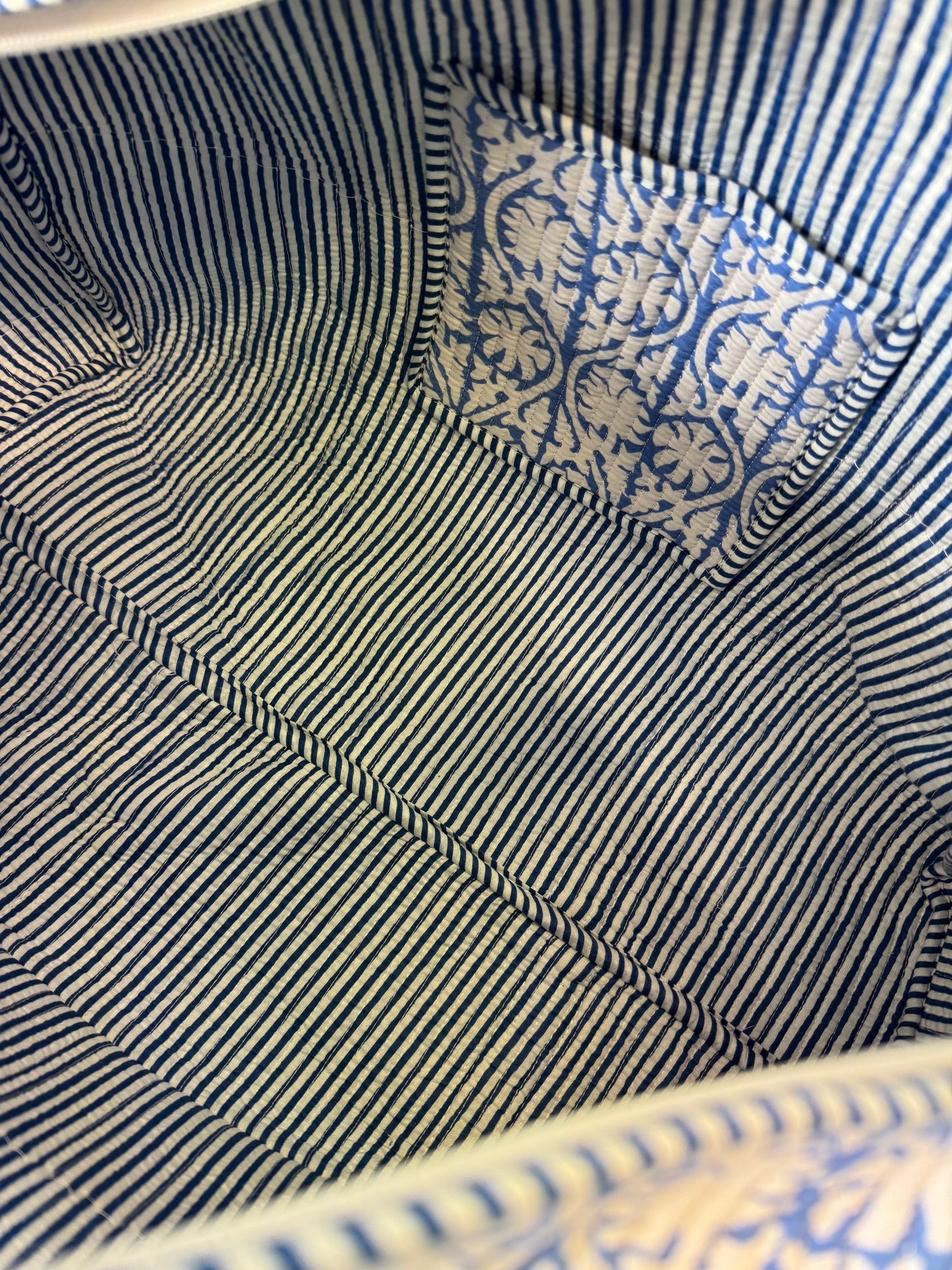 Hand block-printed overnight bag in blue tropez print, 100% cotton