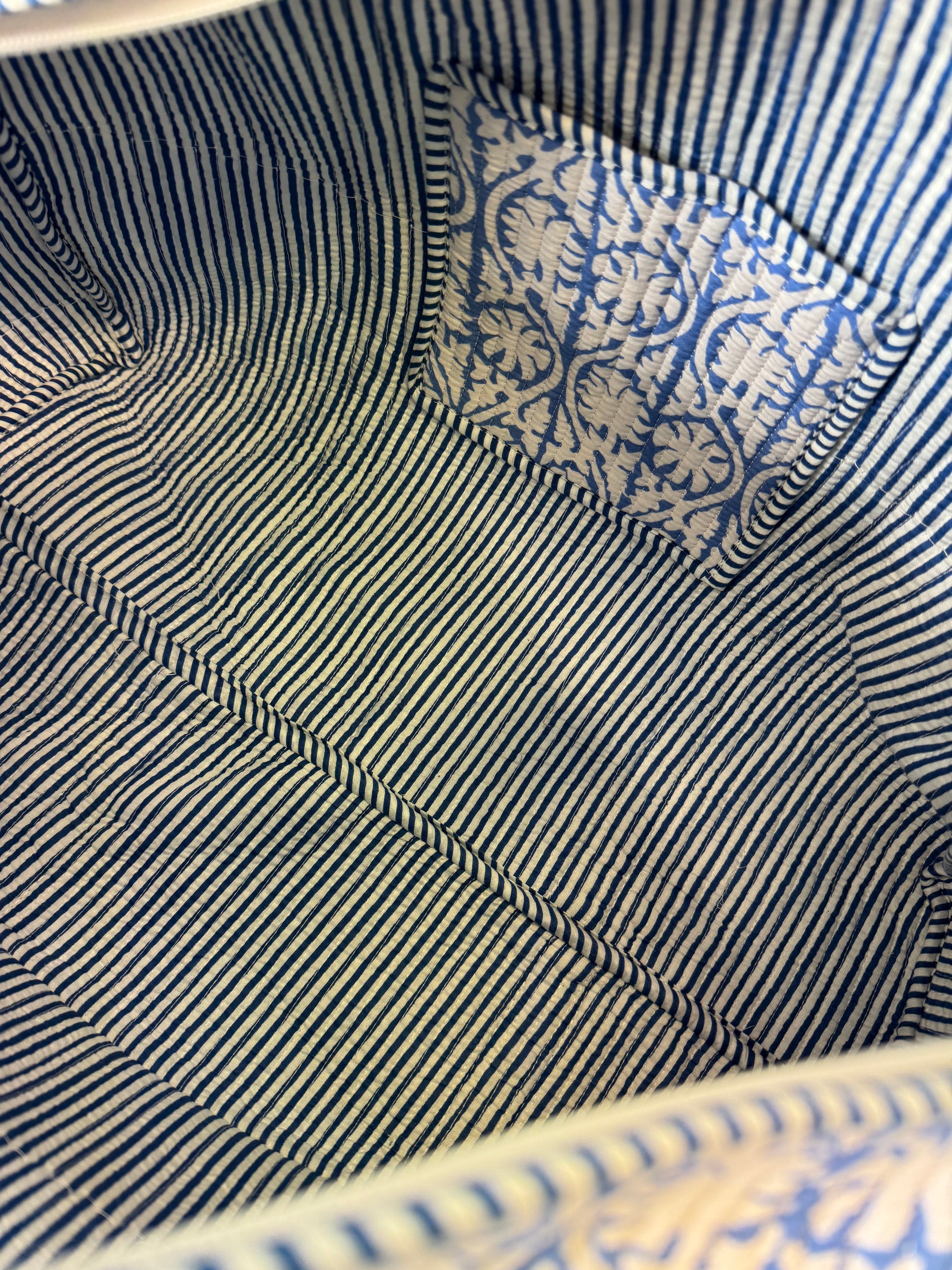 Hand block-printed overnight bag in blue tropez print, 100% cotton