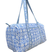 Hand block-printed overnight bag in blue tropez print, 100% cotton