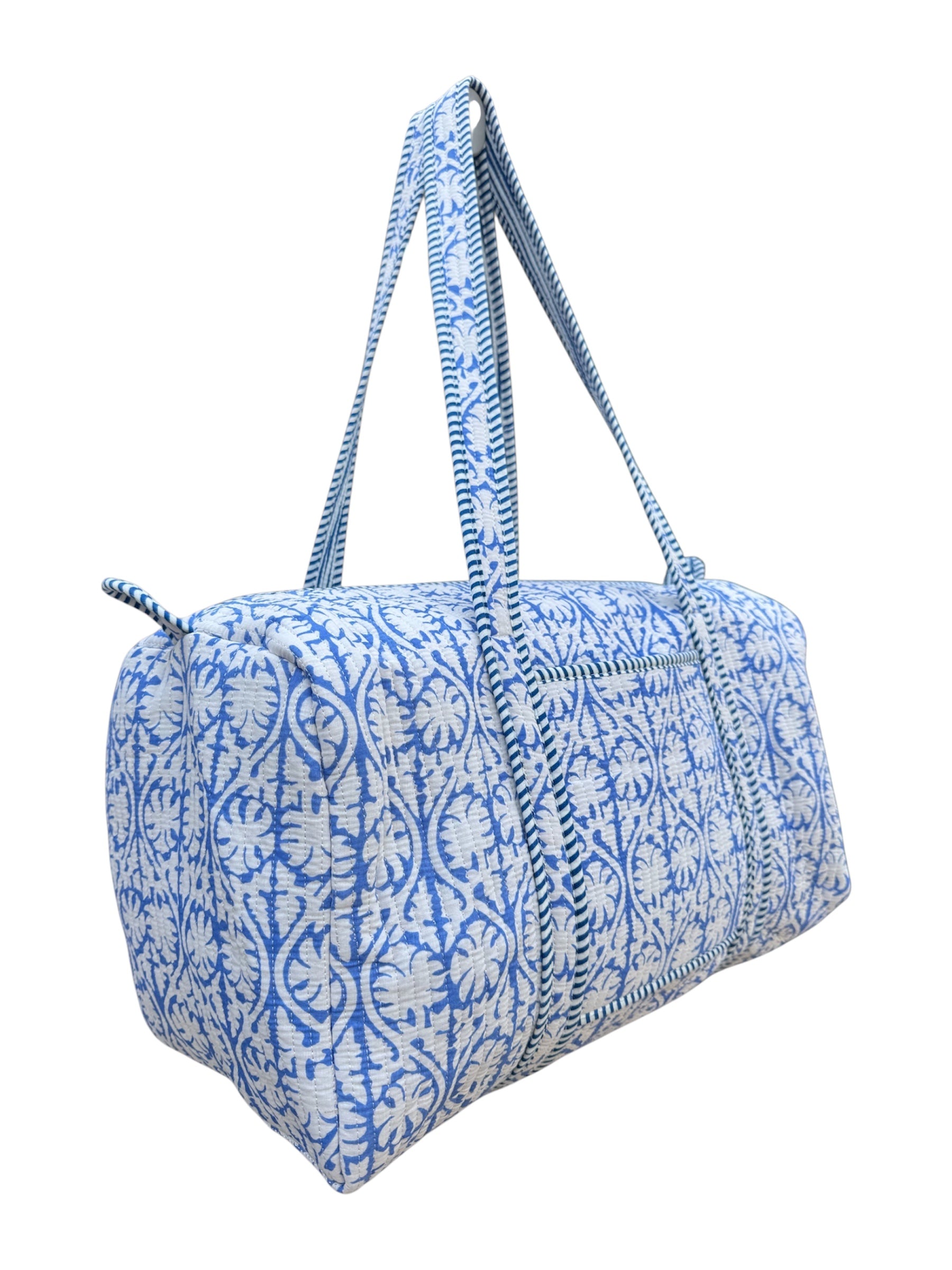 Hand block-printed overnight bag in blue tropez print, 100% cotton