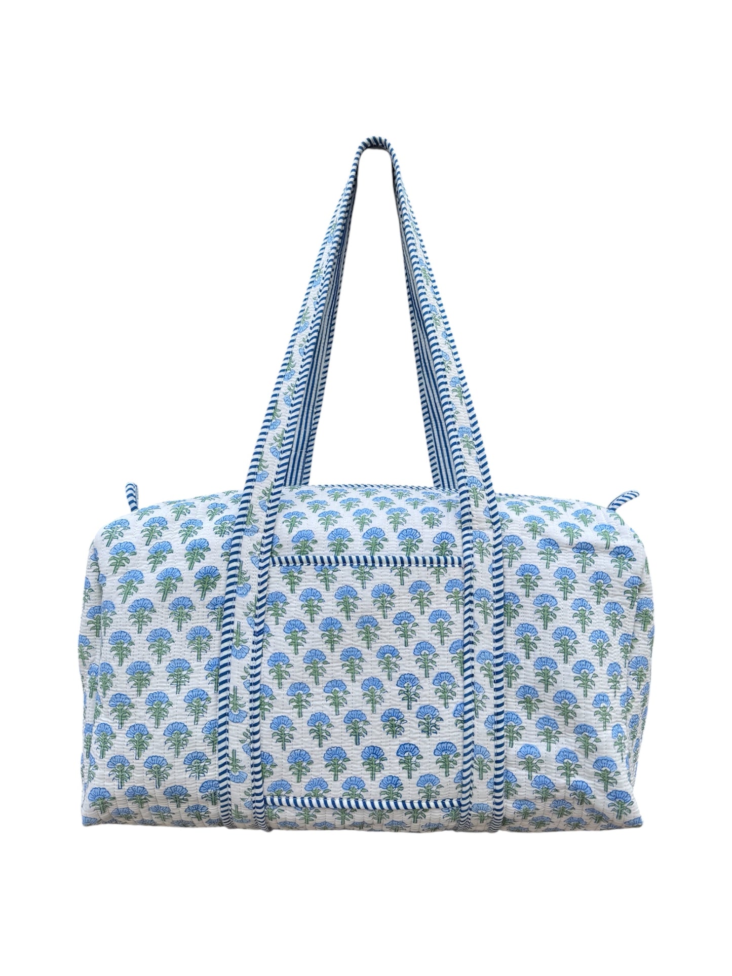 Hand block-printed overnight bag in lewes blue shrub print, 100% cotton