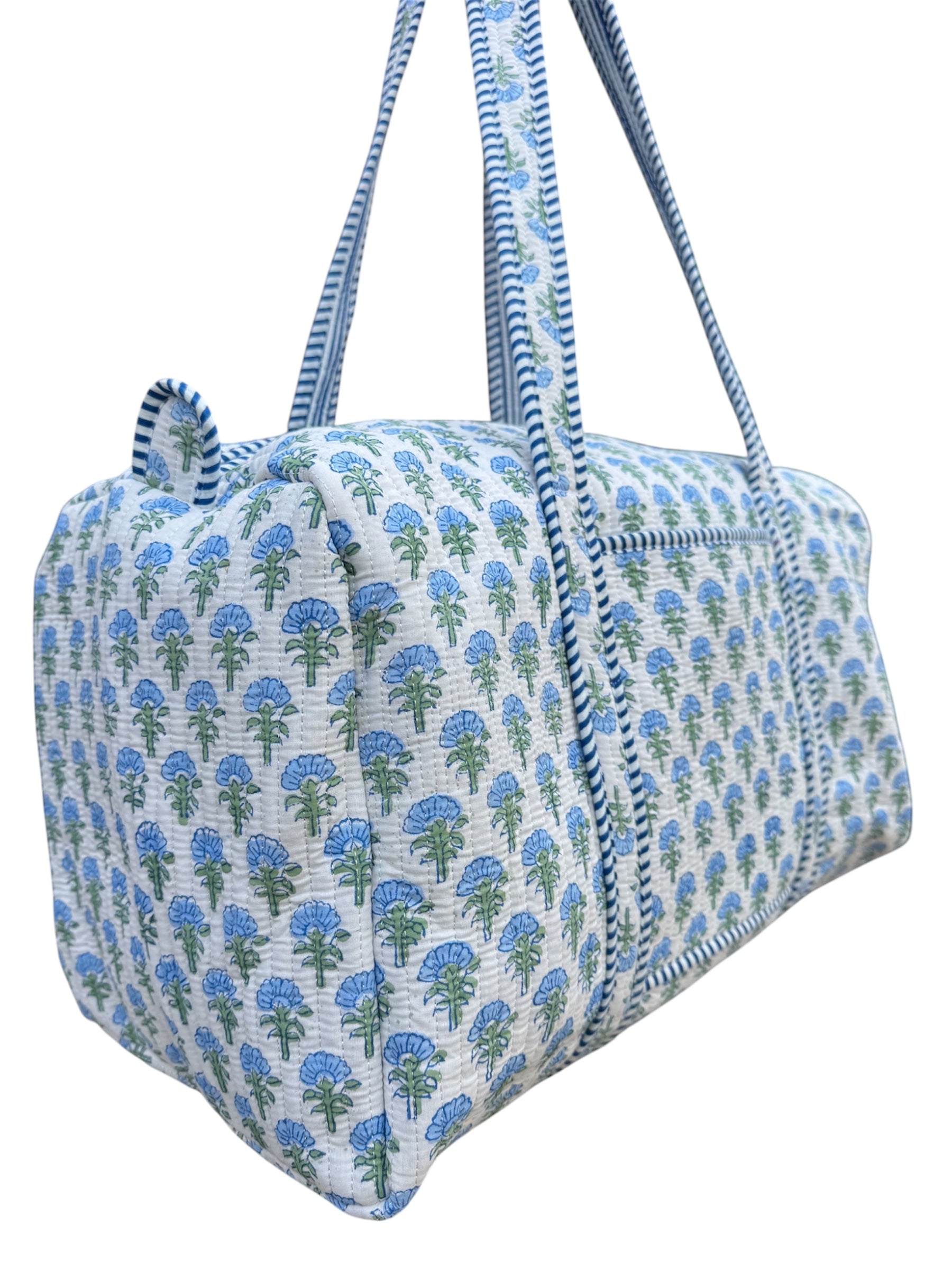 Hand block-printed overnight bag in lewes blue shrub print, 100% cotton