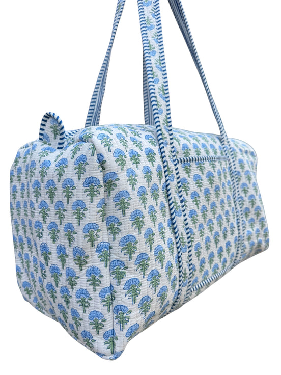 Hand block-printed overnight bag in lewes blue shrub print, 100% cotton
