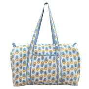 Hand block-printed overnight bag in porto yellow & blue print, 100% cotton