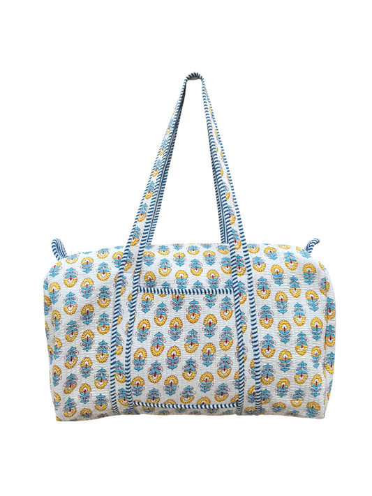 Hand block-printed overnight bag in porto yellow & blue print, 100% cotton