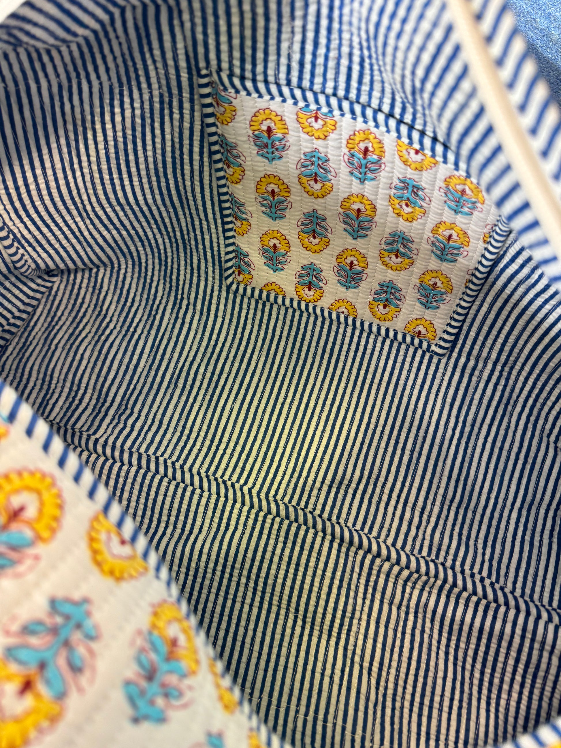 Hand block-printed overnight bag in porto yellow & blue print, 100% cotton