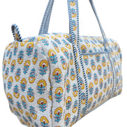 Hand block-printed overnight bag in porto yellow & blue print, 100% cotton