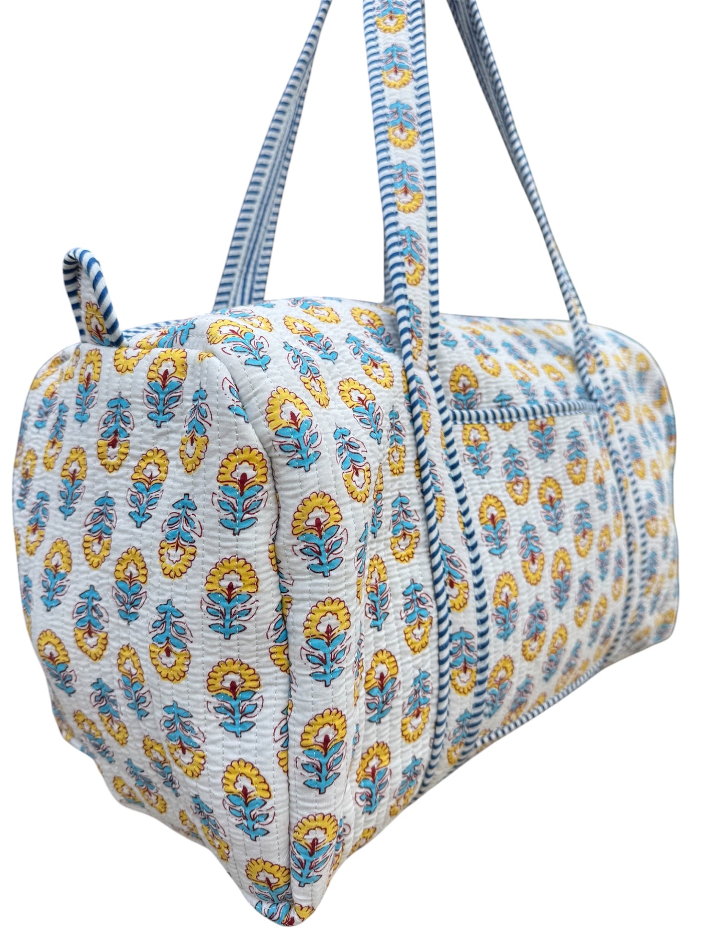 Hand block-printed overnight bag in porto yellow & blue print, 100% cotton