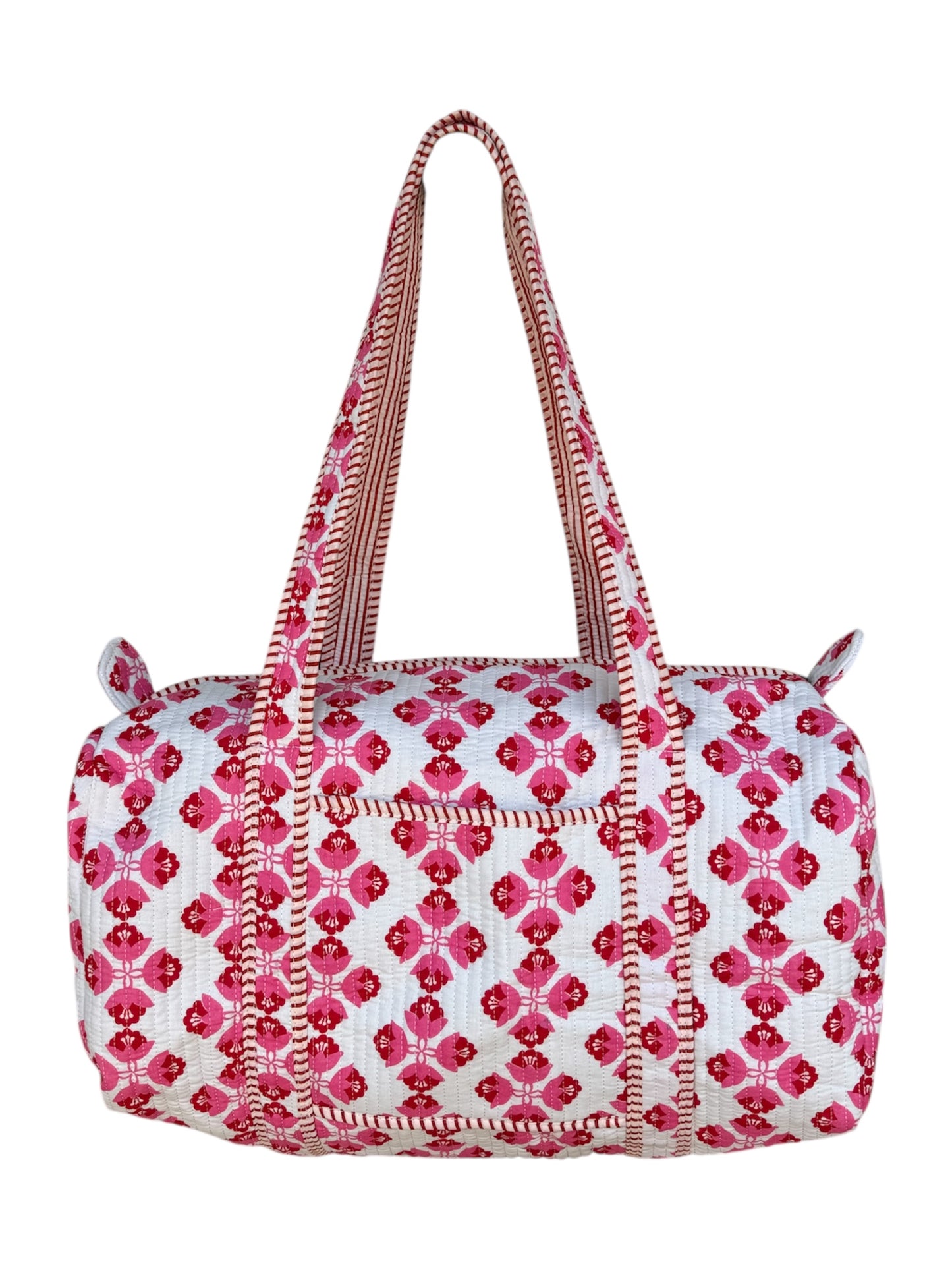 Hand block-printed overnight bag in sienna pink print, 100% cotton