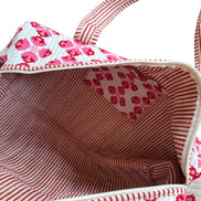 Hand block-printed overnight bag in sienna pink print, 100% cotton