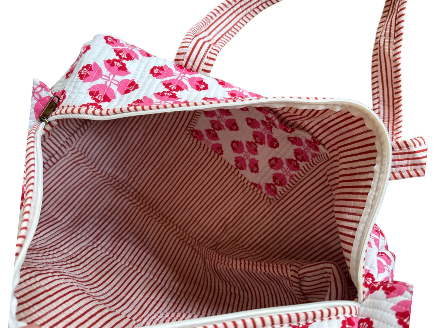 Hand block-printed overnight bag in sienna pink print, 100% cotton