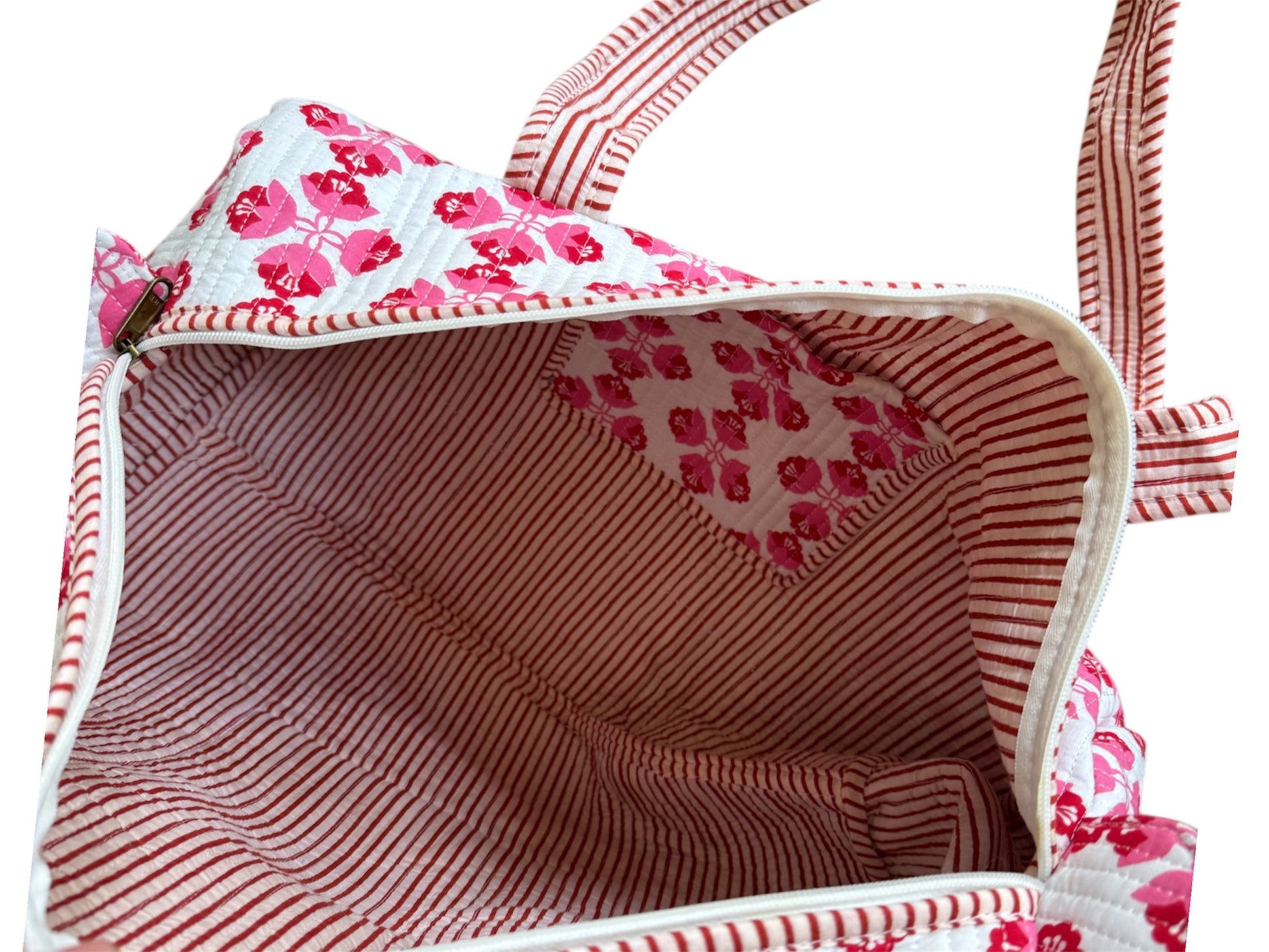 Hand block-printed overnight bag in sienna pink print, 100% cotton